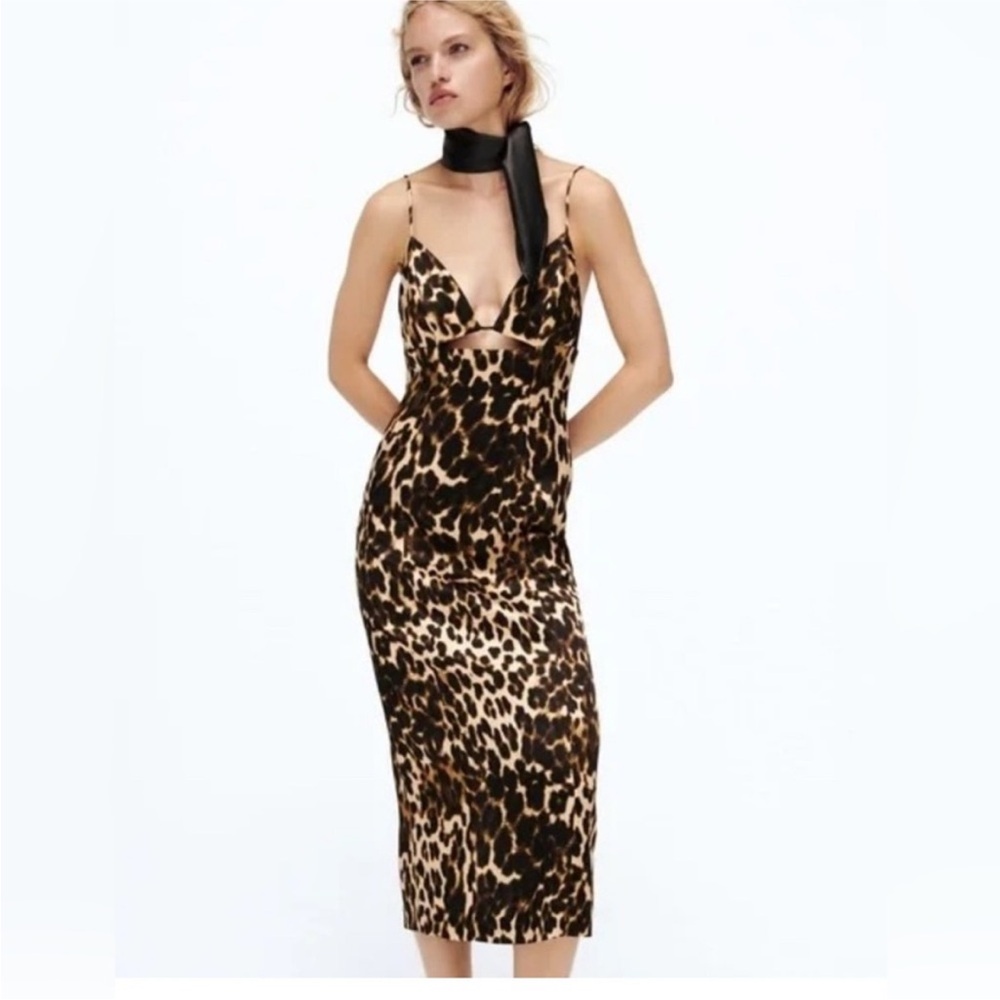 Zara Leopard Print Satin Midi Cut Out Midi Dress Size Extra Small